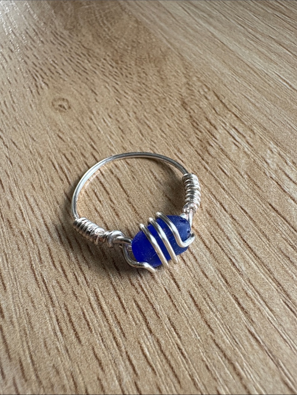 Artisan Hand Crafted Silver Plated Wire-Wrapped Blue Sea Glass Ring - Size 8